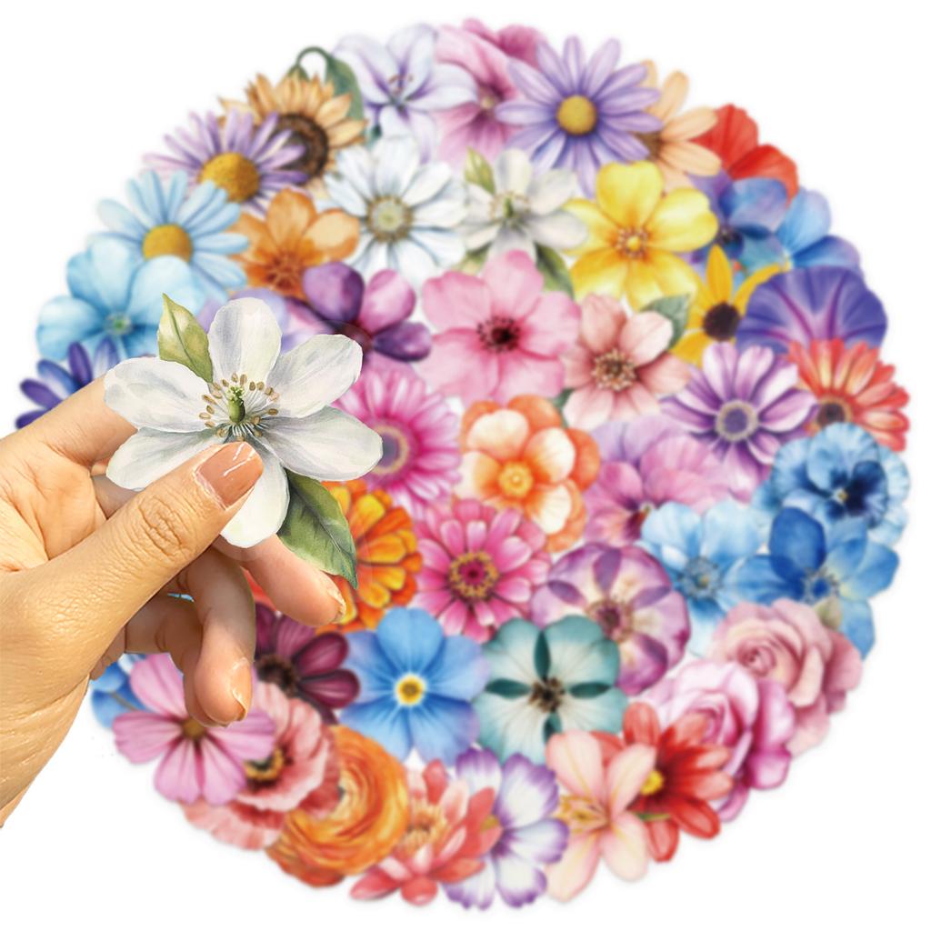 50Pcs Transparent Cartoon Floral Stickers - Waterproof PET Flower Decor for Journals, Guitars & Notebooks