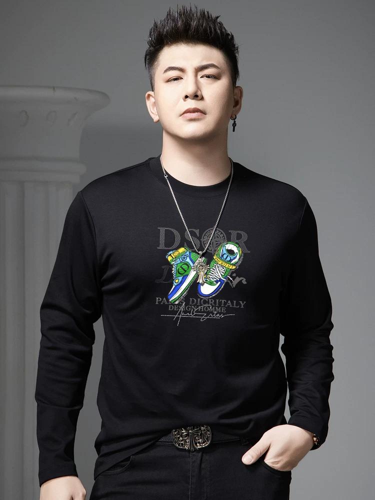 European Style Trendy Letter Print Long-Sleeve T-Shirt for Men 2025 Autumn New Round Neck Casual Top Men's T-Shirt