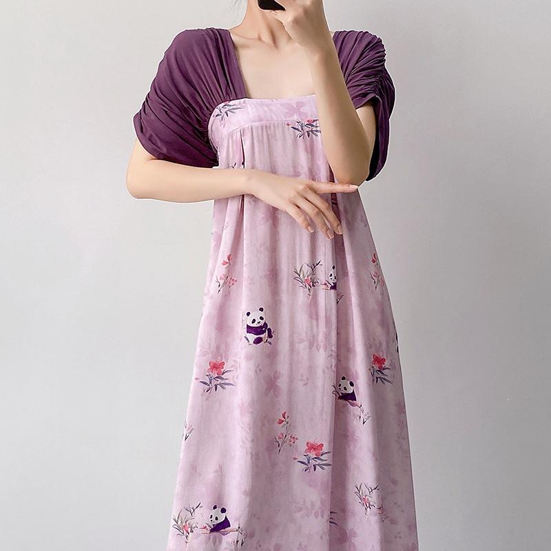 Women's nightgown thin short-sleeved printing light luxury simple breathable casual loungewear long skirt can be worn outside