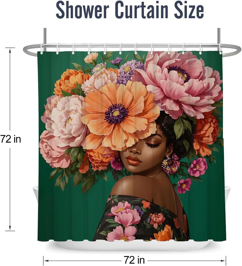 African American Woman Shower Curtain Black Woman Colorful Flower on Green Backdrop,Morden Fashion Gril Fabric Shower Curtains