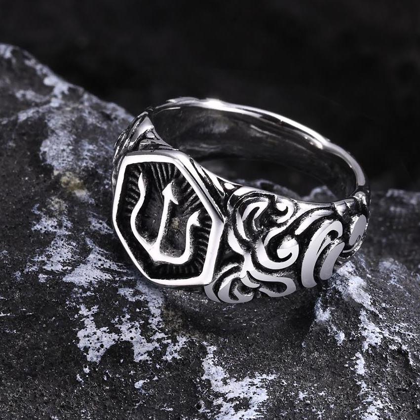 13.3mm Poseidon Trident Ring for Men Ancient Greek New Stainless Steel Amulet Ring Jewelry Gift