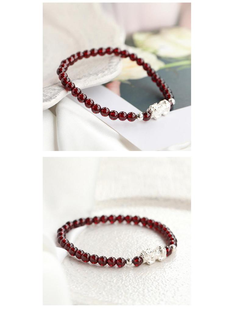 Natural Wine Red Garnet Silver Pixiu Beaded Bracelet for Women