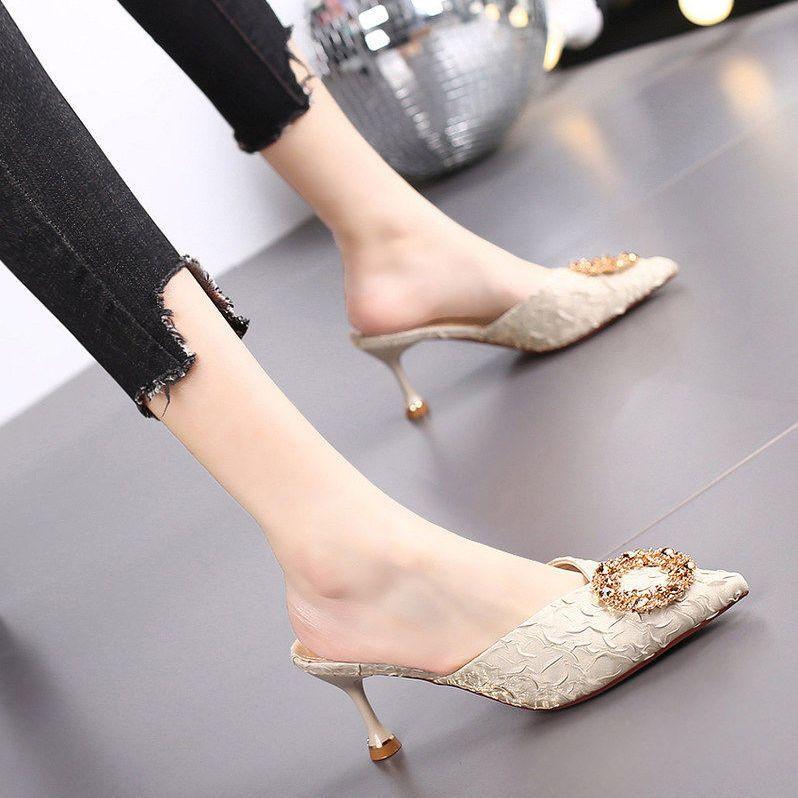 Fashion Women's Mules Slippers and Ladies Sandals Sexy Heeled Rhenstone Shoes Summer Sale Clappers Unique Non Slip Casual Pvc on Slides
