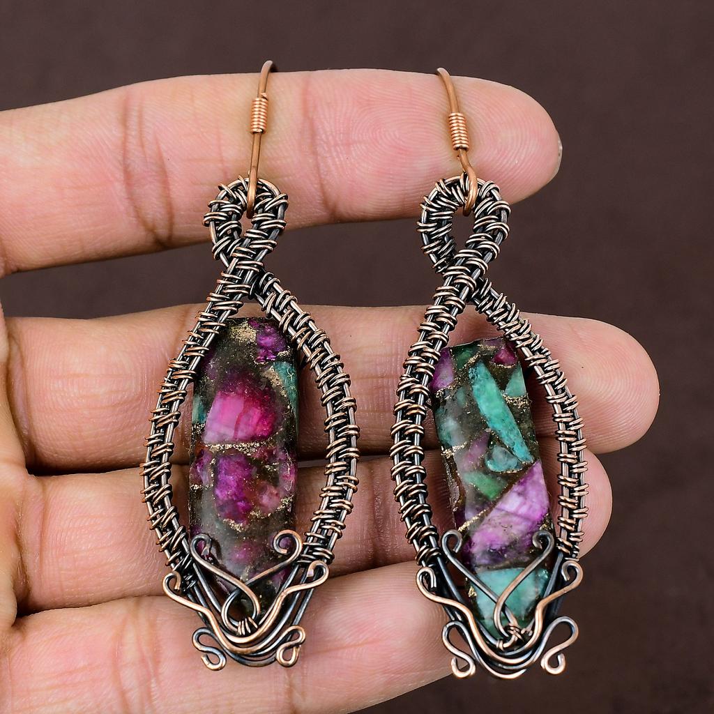 Ruby Zoisite Lab-Created Handmade Copper Wire Wrap Jewelry Earring 3.23 u9h53