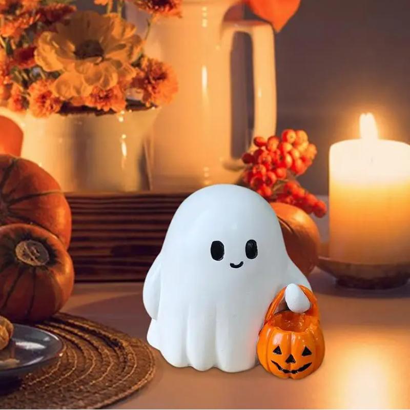 Ghost Pumpkin Figurine Halloween Miniature Figurines Mini Lovely Cartoon Pumpkin Ghost Ornaments Home Office Desk Decor