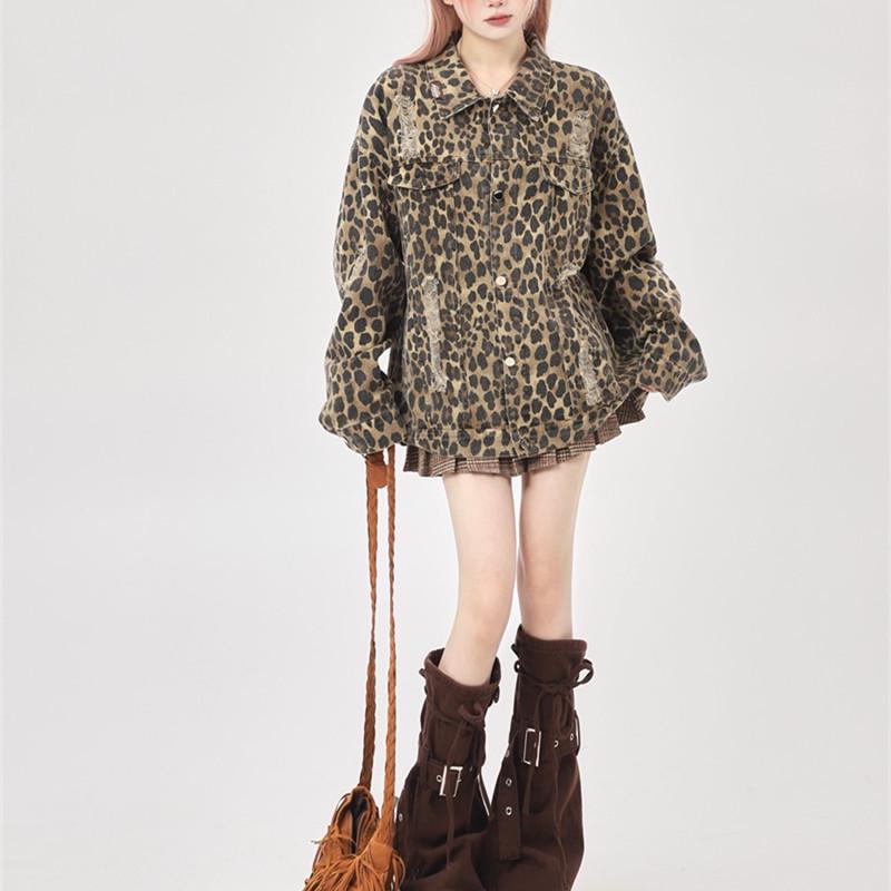 Unisex Leopard Print Denim Jacket - Trendy Turn-Down Collar for Spring and Autumn Workwear