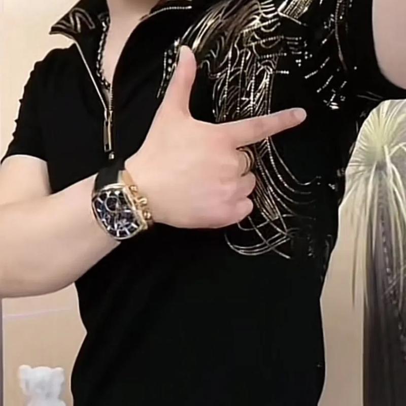 2024 Summer Europe Trend Printed Gilding Stand Collar Men's Short Sleeve Pullovers Fashion All-match Office Lady Hoodies Tops