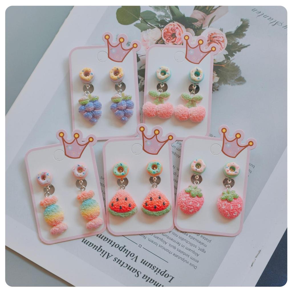 Children's Cute Fruit Candy Donut Ear Clips - Sweet Cartoon Faux Wool Student Earrings