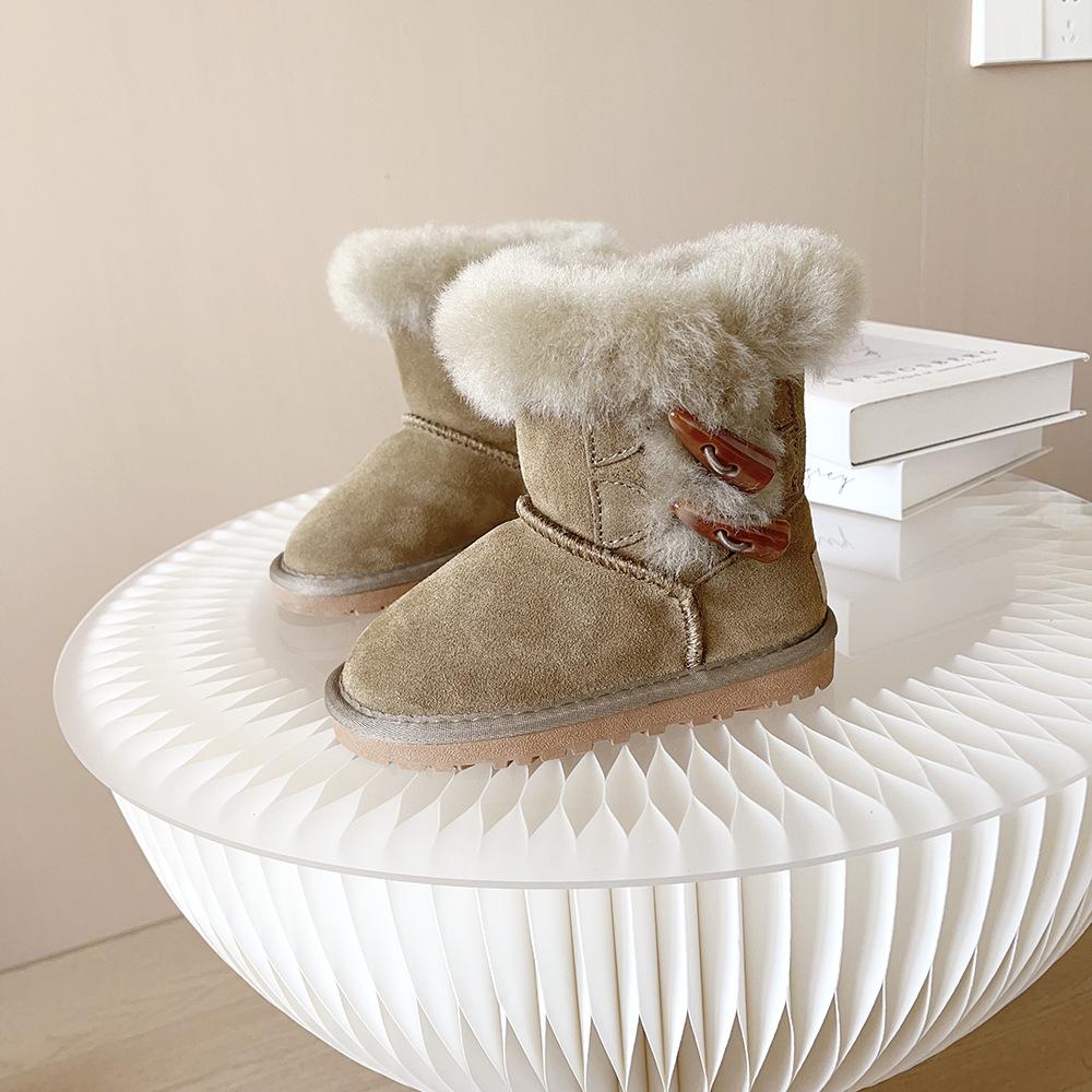 

JDUUGG Children s Snow Boots Women s Leather Classmate Horn Buckle Medium Tube Flip Warm Snow Cotton Winter Children s Boots 21