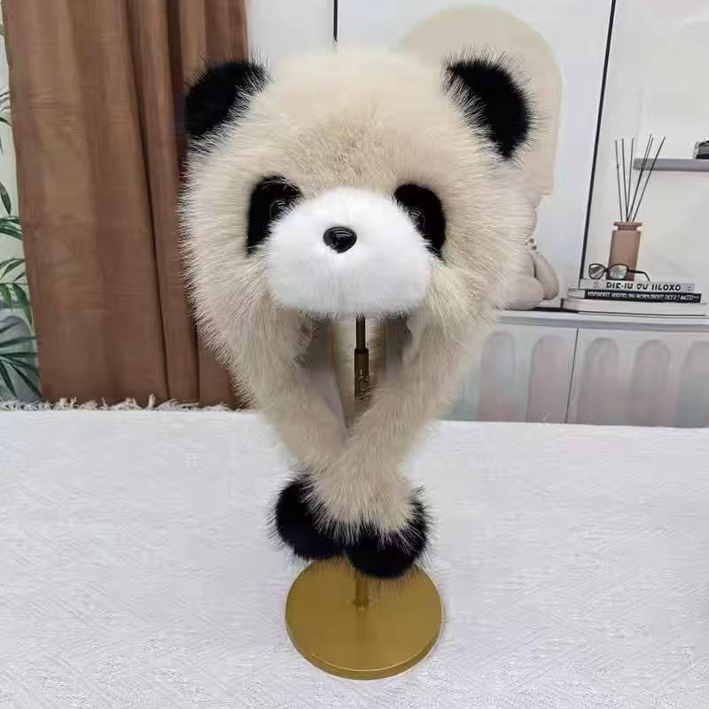 Módní zimní panda klobouk s klapkami na uši z umělé liščí kožešiny pro dospělé a děti
