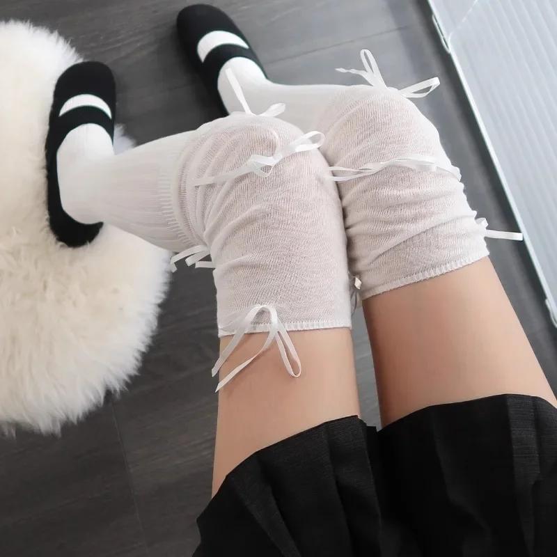 Einfarbig Spitzen Schleife Oberschenkelhohe Strümpfe Damen Trendy Lässig Über dem Knie Lange Socke Thermisch Warm Baumwolle Hoher Schlauch Leggings