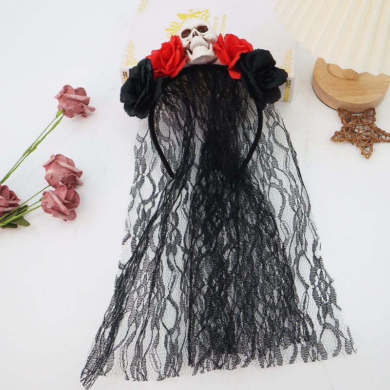 Gothic Black Lace Rose Floral Headband Halloween Skull Flower Headpiece Day of the Dead Hair Accessories