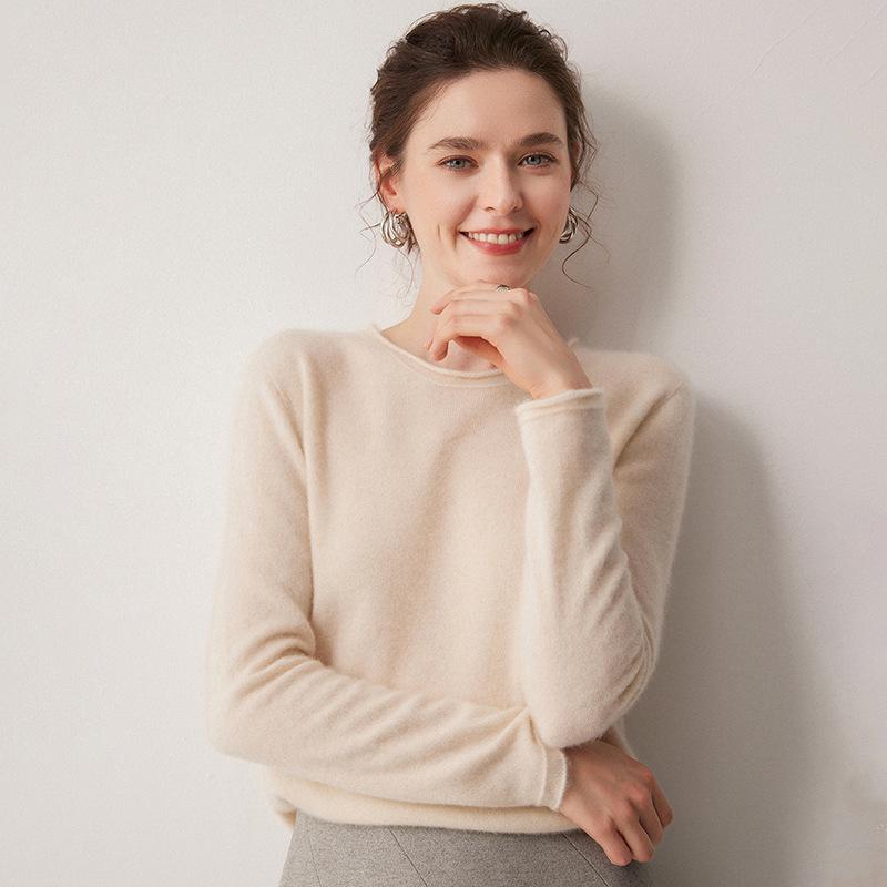 2026 Le Ka Sha Women's Pure Cashmere Round Neck Knit Sweater, 12-Gauge, Rolled Hem