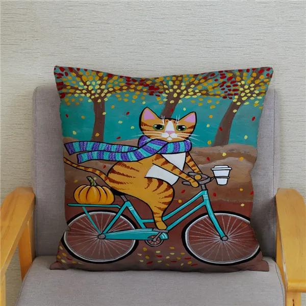 Cartoon Cycling Cat Print Cushion Cover Super Soft Pillowcase 45x45  Home Decor