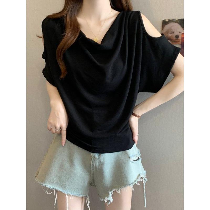 Women's Cowl Neck Short Sleeve Cold Shoulder Tunic Top Batwing Loose Fit Plus Size Elegant Commuter Solid Color Tee Summer Blouse