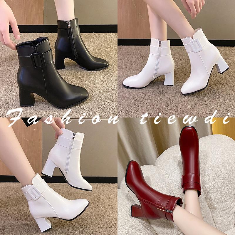 Damskie zimowe botki na klockowym obcasie ze skóry PU z bocznym zamkiem błyskawicznym, okrągłym noskiem i sztuczną pluszową podszewką