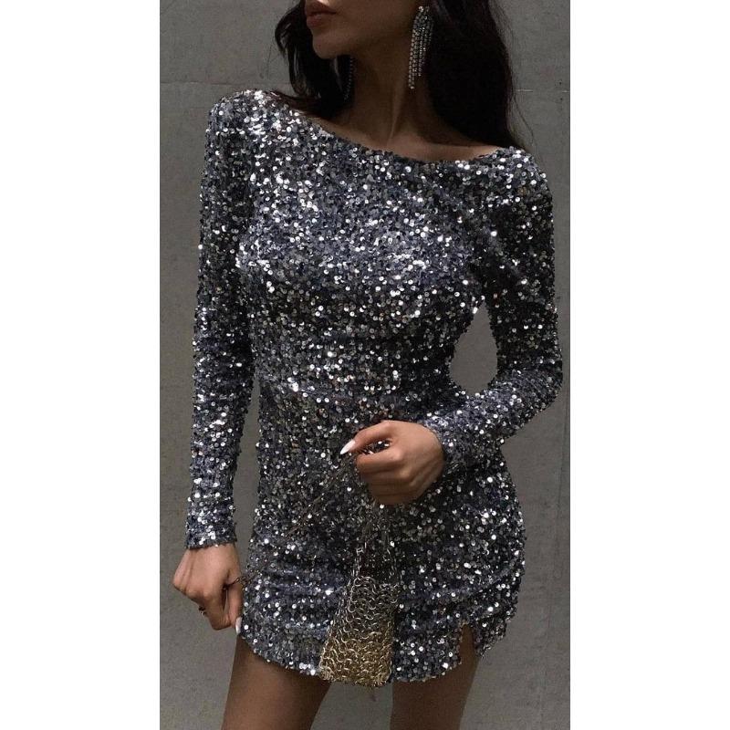 Women Sequin Backless Bodycon Mini Dress For Evening Cocktail Party