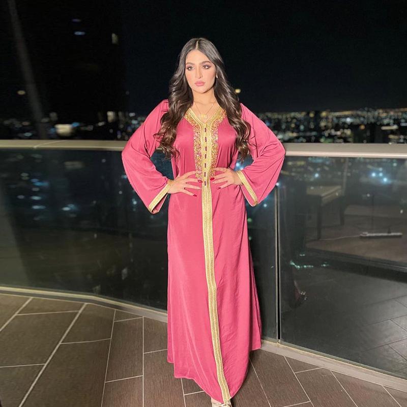 AB073 Women's Lace Abaya with Ribbon & Hot Drill Detail - Middle Eastern Fashion Robe