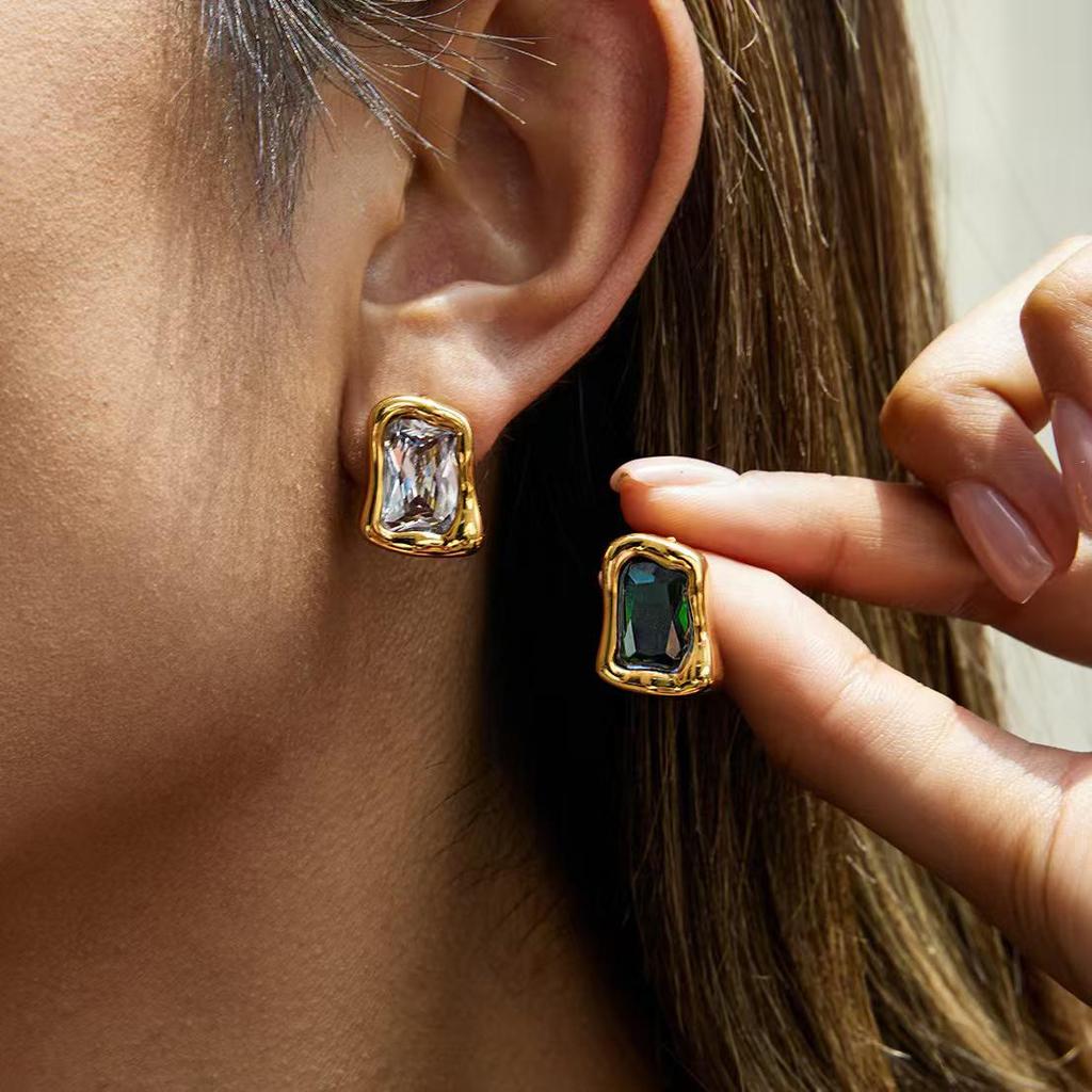 European Classic 18K Gold-Plated Stainless Steel Earrings with White Zircon Square