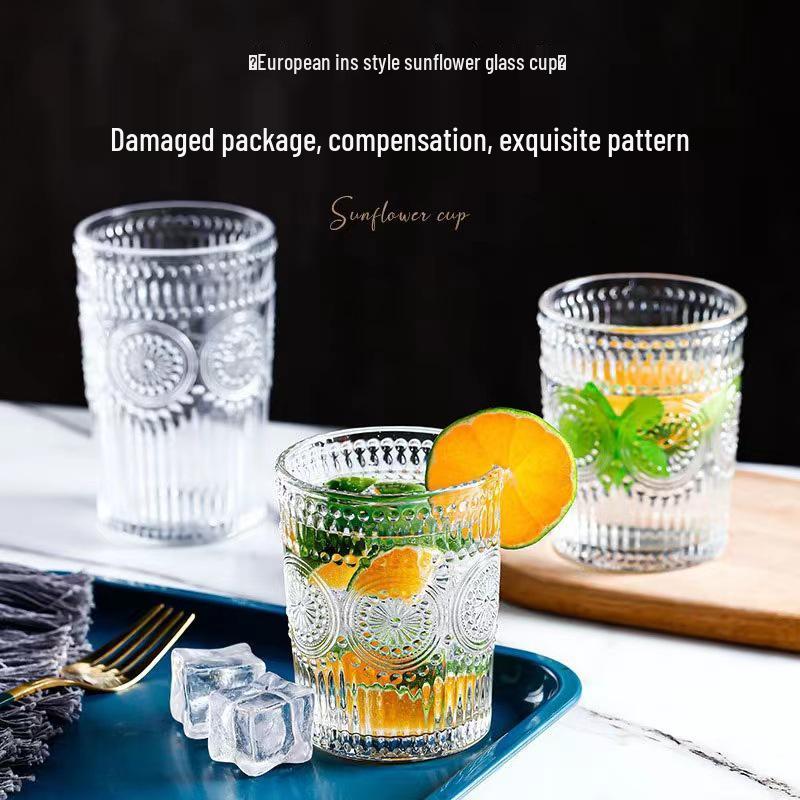 Sunflower Glass Water Cup - European Style Relief Design for Juice, Beverage, or Milk. Ideal for Home or Office. Free Shipping Included.