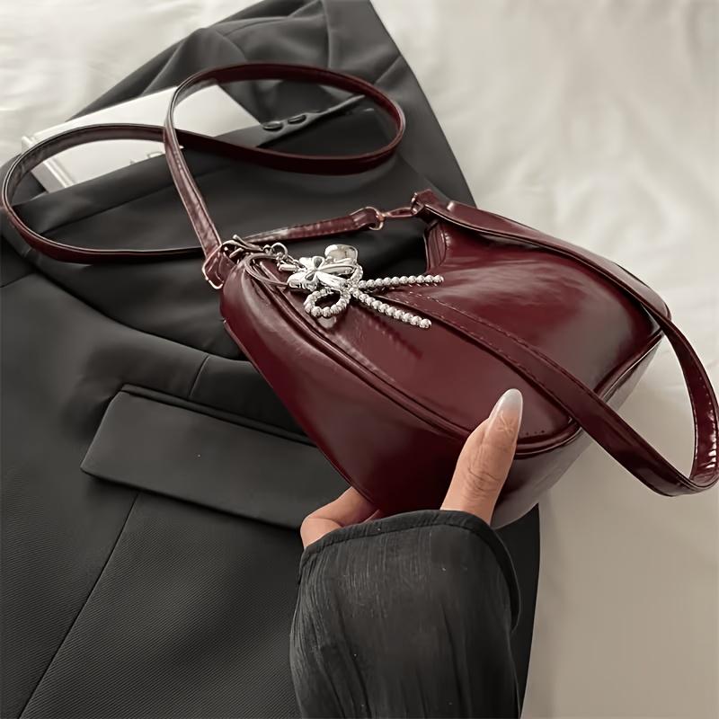2026 New Chic and Simple Trendy Chain Shoulder Bag, Half-Moon Shaped Bag with Bow Charm, Solid Color Crossbody Bag for a Sexy Girl