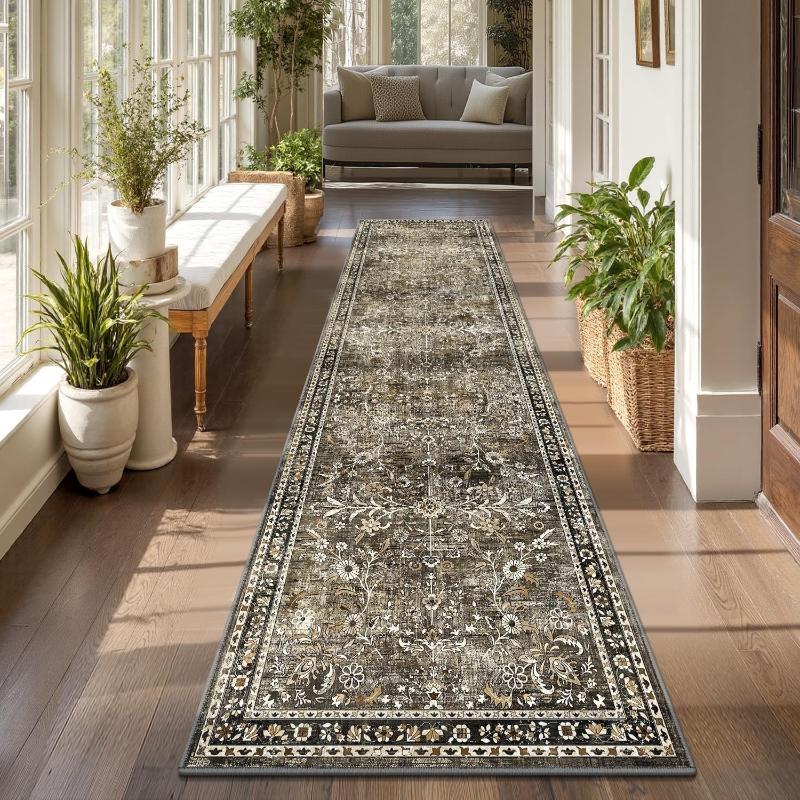 Retro Persian Flower Stripe Runner Rug Non Slip Washable Carpet for Corridor Kitchen Indoor Outdoor Home Decor