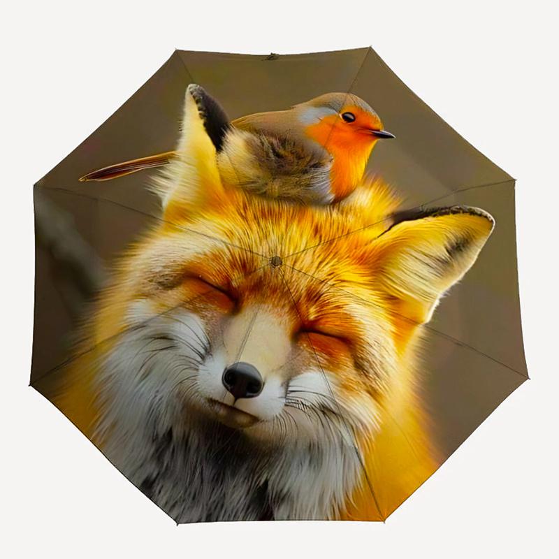 

1pc Fox Bird Friendship Animal Harmony One Umbrella a Plastic Hle, Compact Stylish, with a Vibrant Cartoon Pattern, Perfect Home, Travel