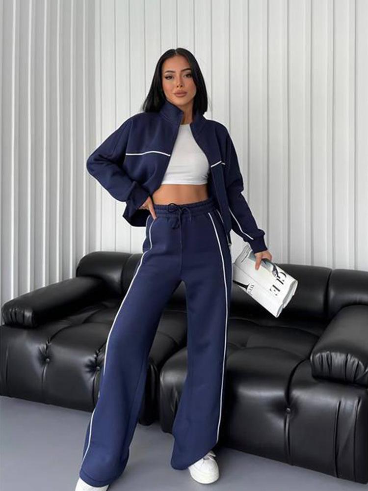 European and American Casual Set with Long Sleeve Cardigan Hoodie and Lace-up Striped Pants
