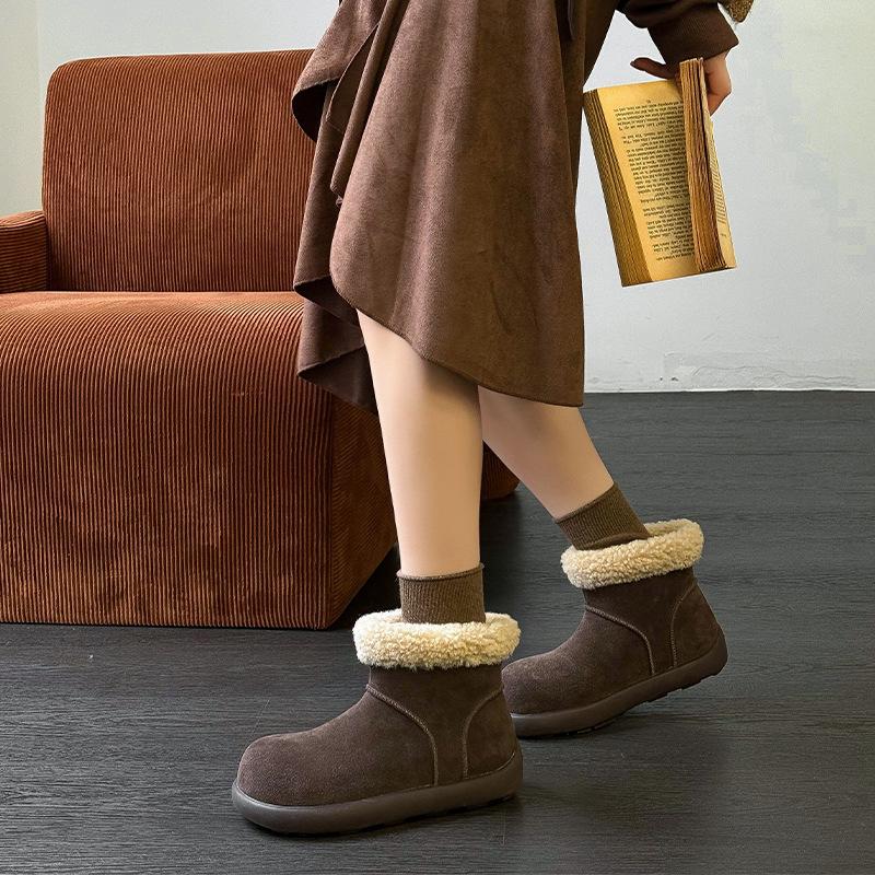 Cowhide Version~ Retro Round Head Ugly Cute Short Boots Women's Velvet Low-top Snow Boots Warm Large Cotton Shoes Thick-soled Fluffy Boots