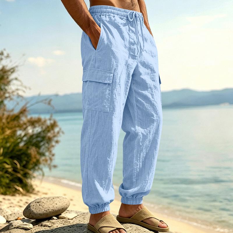 Men Drawstring Elastic Waist Multi Pocket Cargo Jogger Linen Pants Multiple Colors Available