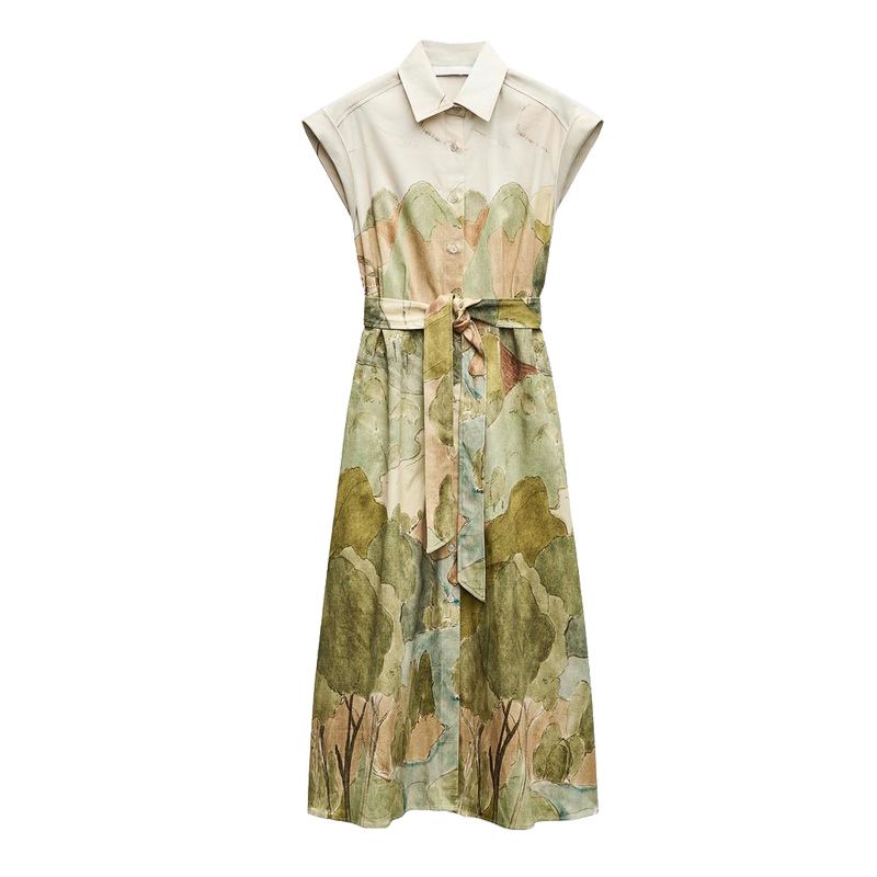 

Spring New French Vintage Style Elegance with Belt Sleeveless Shirt Style Print Dress 2183043 Multicolor L