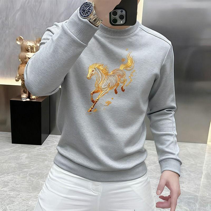Men's Korean Style Year of the Horse Red Coral Fleece Hoodie, Thickened, Loose Fit, Pure Cotton, Round Neck, Autumn/Winter
