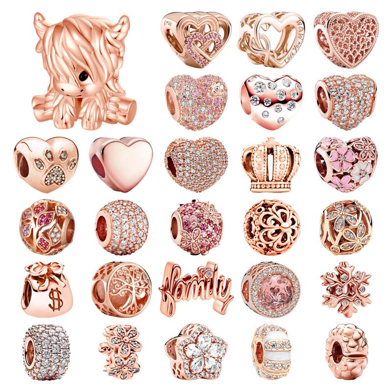 New Charms Sparkling Rose Gold Airplane, Globe & Suitcase Triple Heart Winged Angel Diy Jewelry Gift Fit Original Bracelet Beads