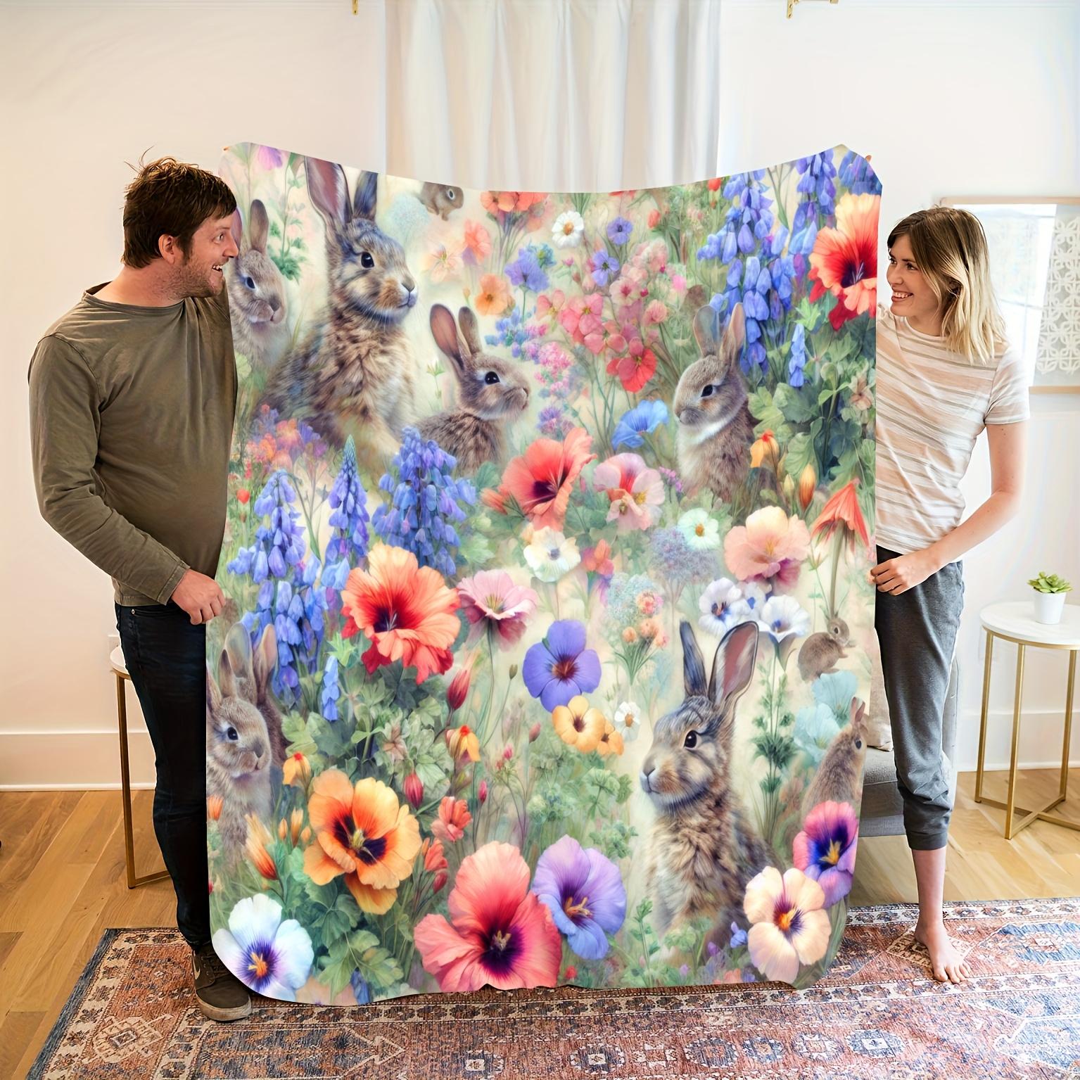 Encantadora manta de franela con estampado de conejito floral: manta ligera, suave y cálida para sofá, cama, viajes, camping y 75cmx90cm