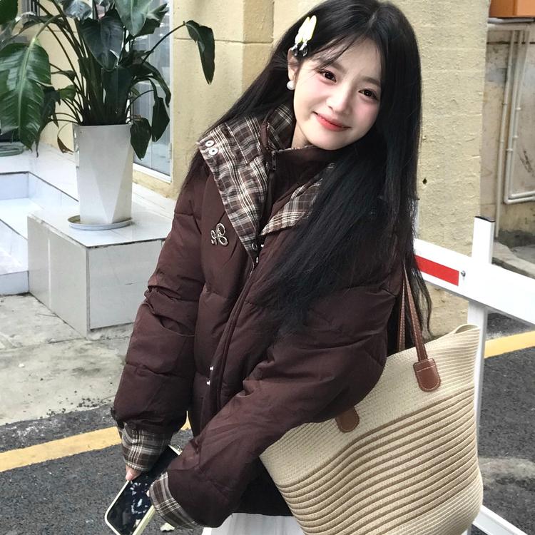 Winter Loose Plaid Patchwork Cotton Coat Women Double Layer Collar Puffer Jacket