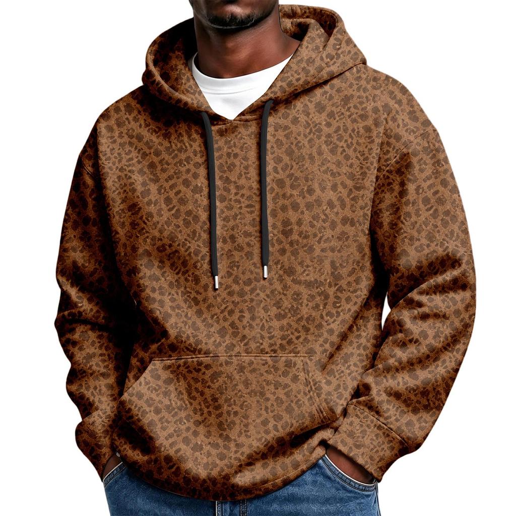 Men's Casual Leopard Print Hooded Sweatshirt Loose Crewneck Long Sleeve Top
