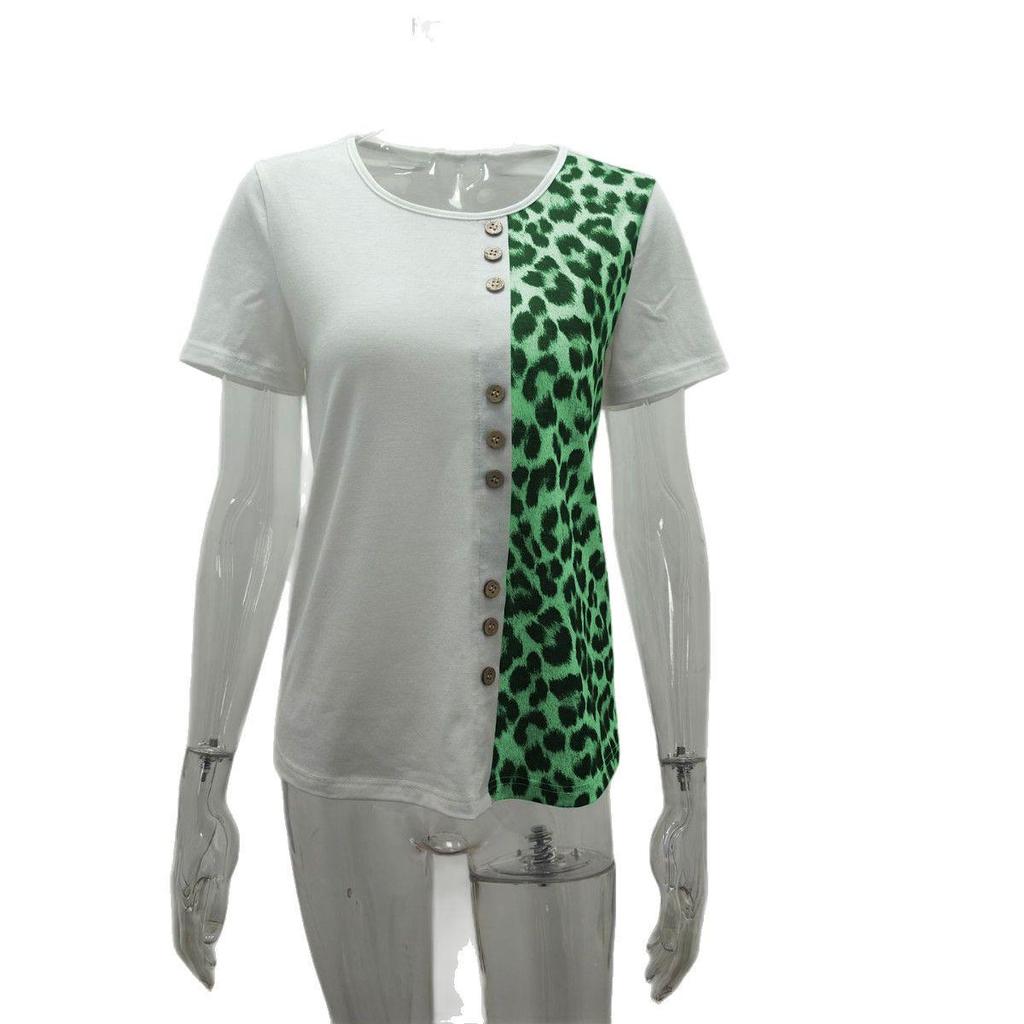 Leopard Print Round Neck Top: Elegant Short Sleeve T-shirt for Women, Casual Spring and Autumn Style 2025