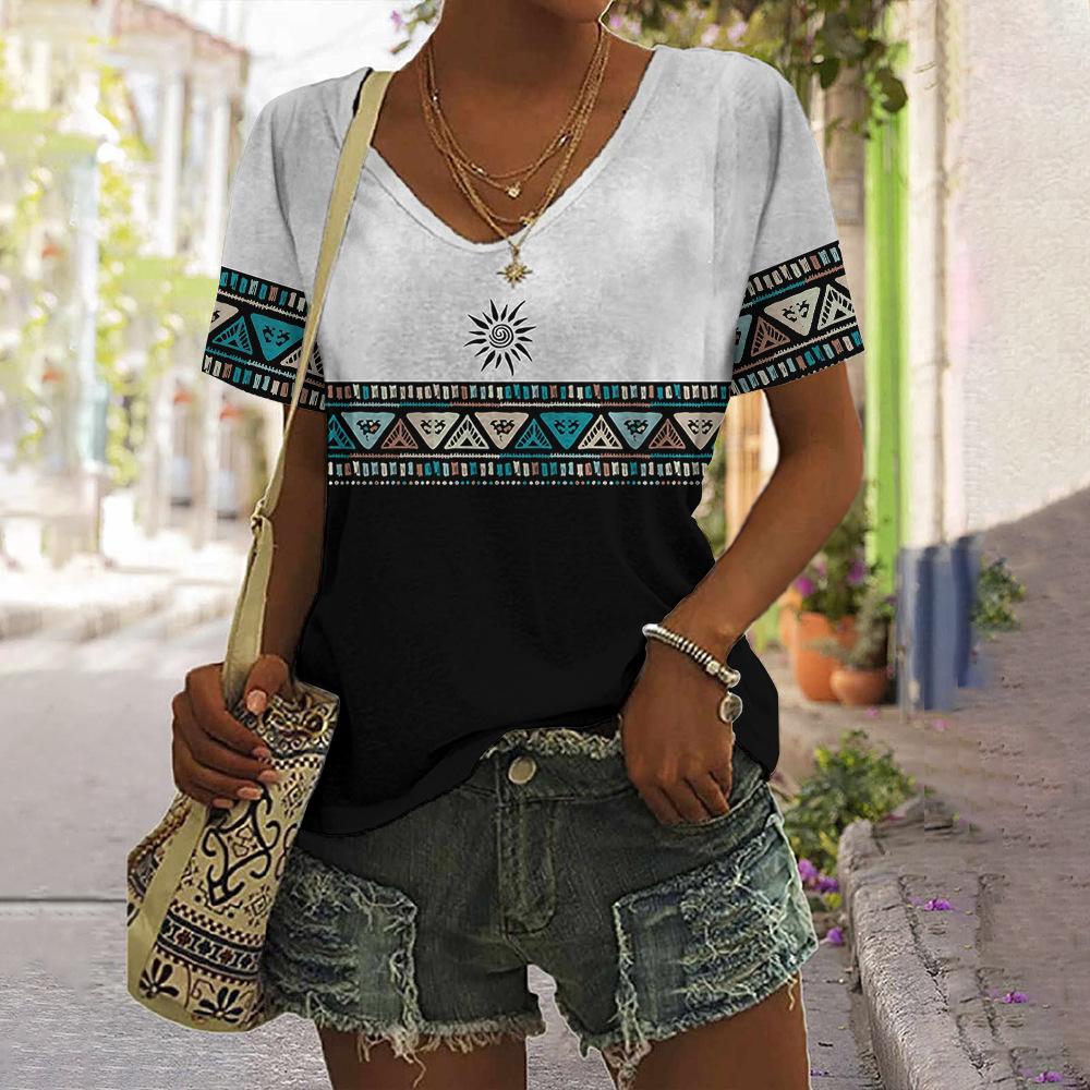 vintage women floral print t shirt short sleeve v neck tops comfortable t-shirts
