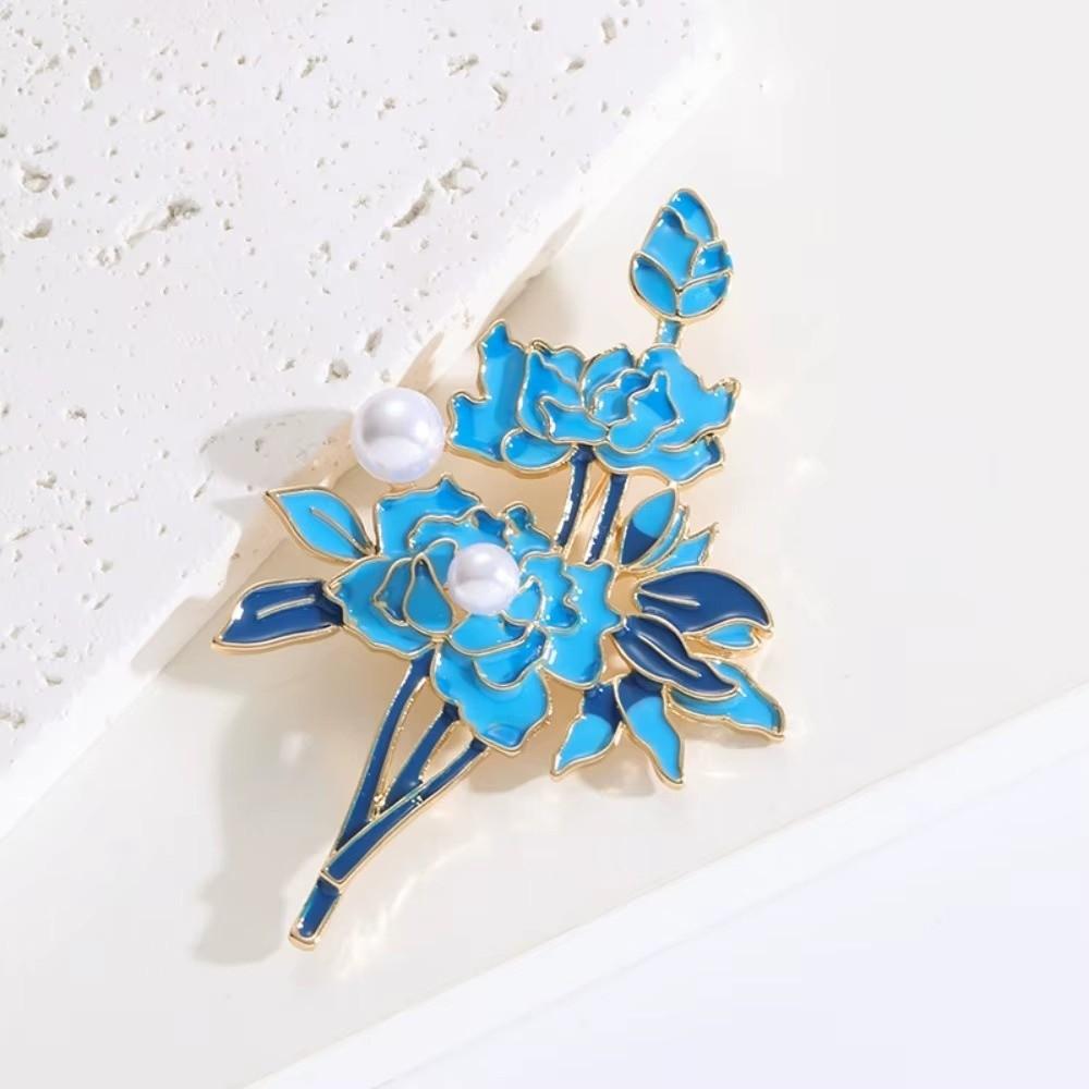 Chinese Style Peony Flower Corsages Pearl Enamel Pin Temperament Cloisonne Brooch  Casual Suit