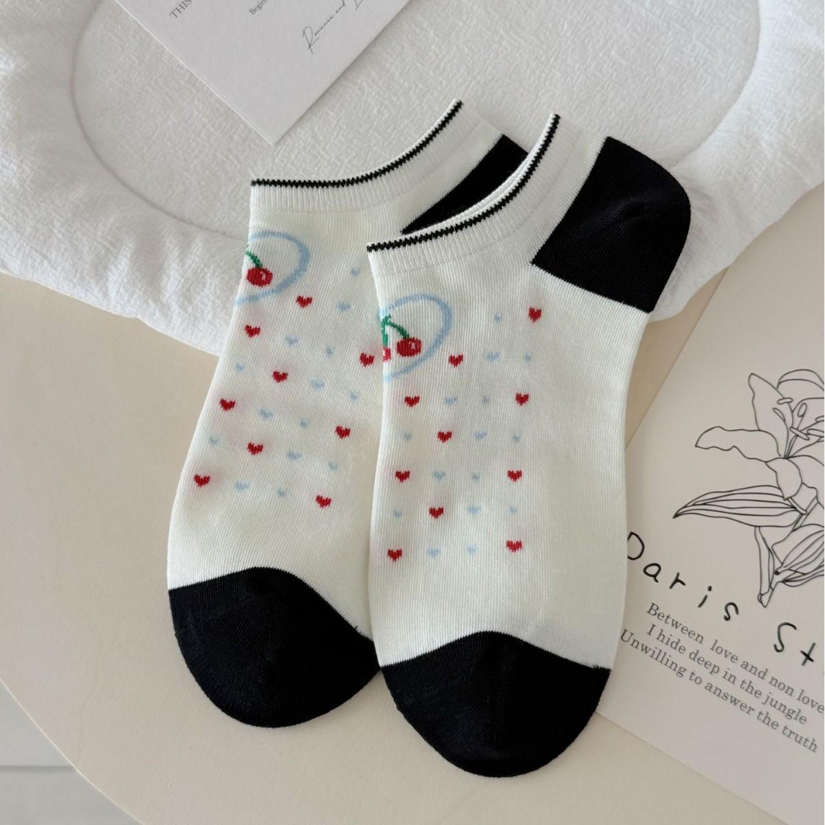 Очаровательные женские носки-лодочки  Вишенка  - Милые, Дышащие, Хлопок Черно-Белые для Весны/Лета