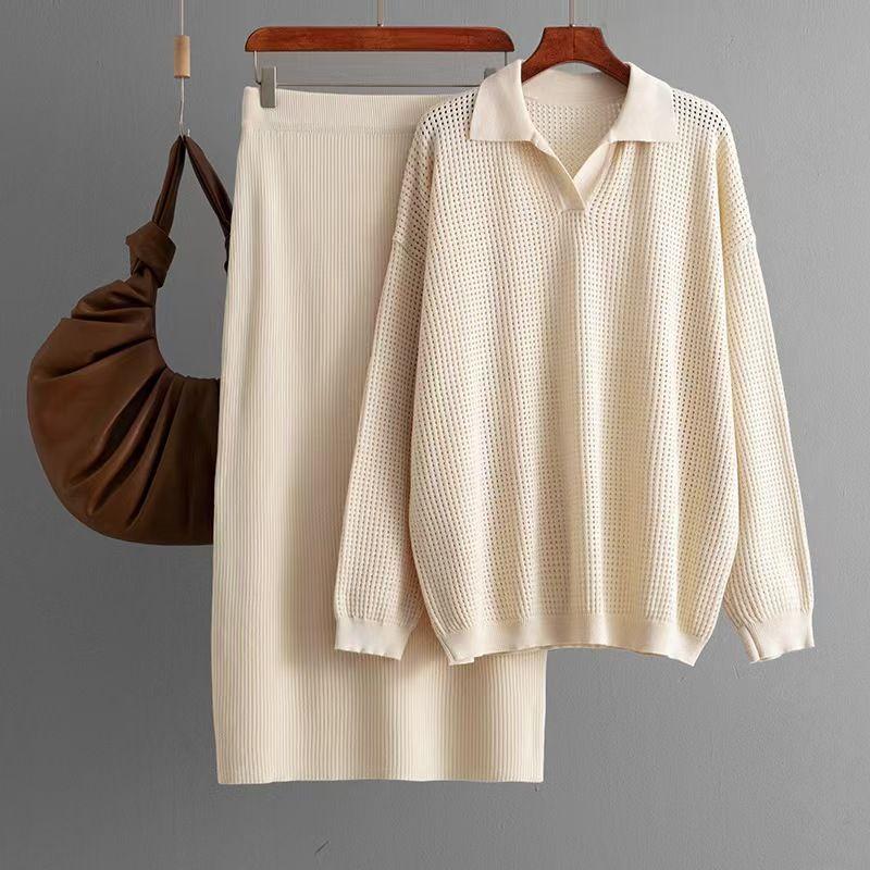 European and American Sexy Hollow Knitted Long sleeve Top Skirt sets Knitted Top and Skirt Set