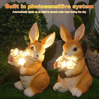 Easter Bunny Figure with Solar Powered Flower Light Waterproof Rabbit Sculpture Rabbit Garden Statues for Patio Yard Lawn Porch