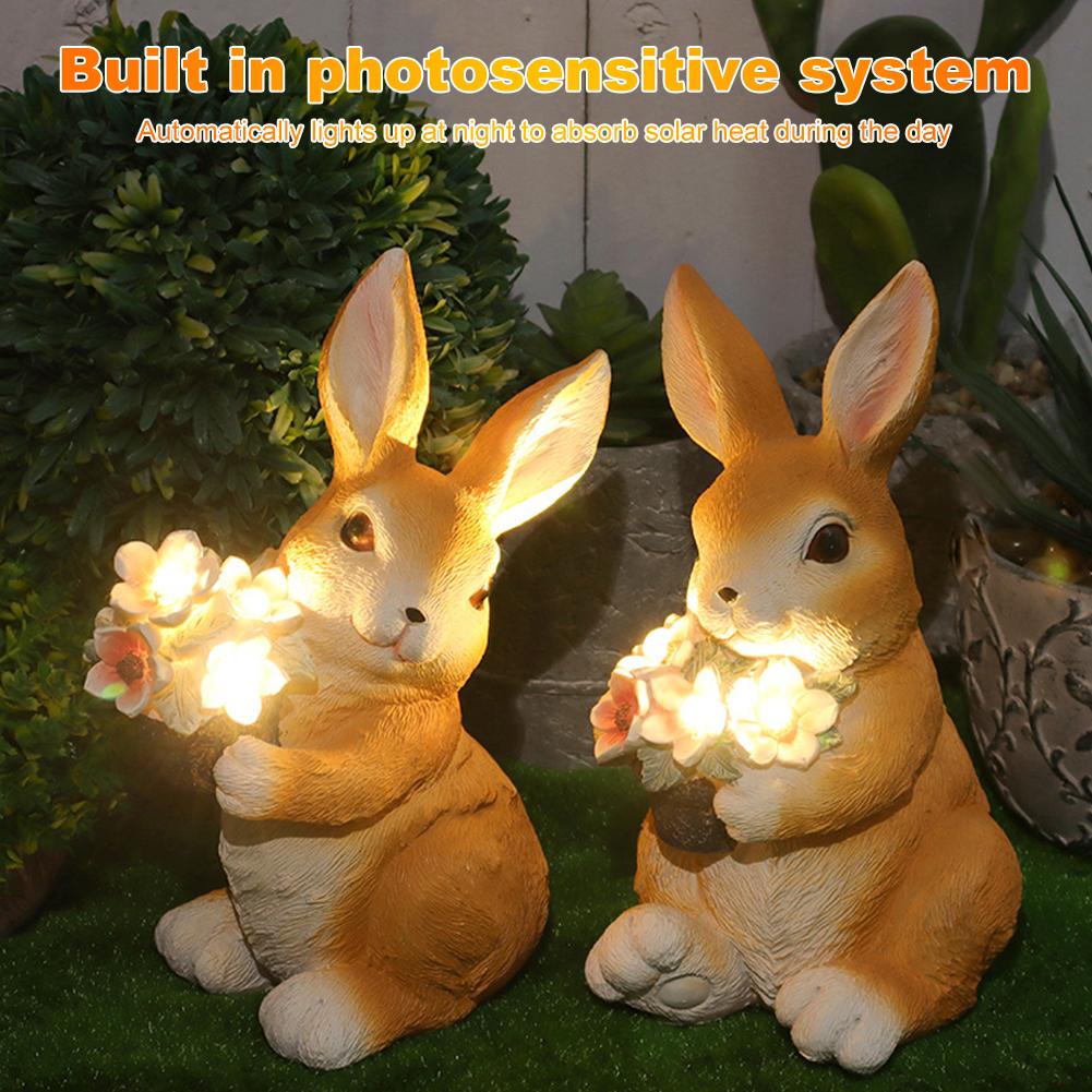 Easter Bunny Figure with Solar Powered Flower Light Waterproof Rabbit Sculpture Rabbit Garden Statues for Patio Yard Lawn Porch