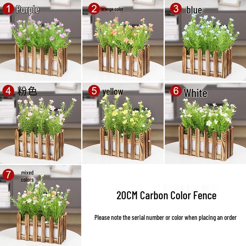 Silk Flower Pot with Wood Fence: Decorative Bonsai for Living Room or Office.