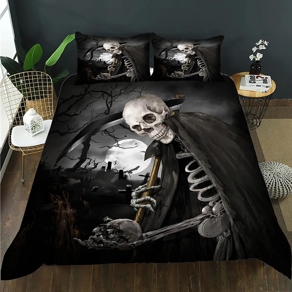 Poszewka na kołdrę z czaszką Złota korona Zestaw pościeli, Drukowana 3D Halloweenowa czaszka z dwiema pięknościami Zestaw poszewek na kołdrę, Poszewka na kołdrę z koroną