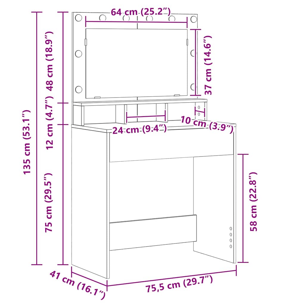 Makeup Table Artisan Oak 75.5 x 41 x 135 cm Particleboard