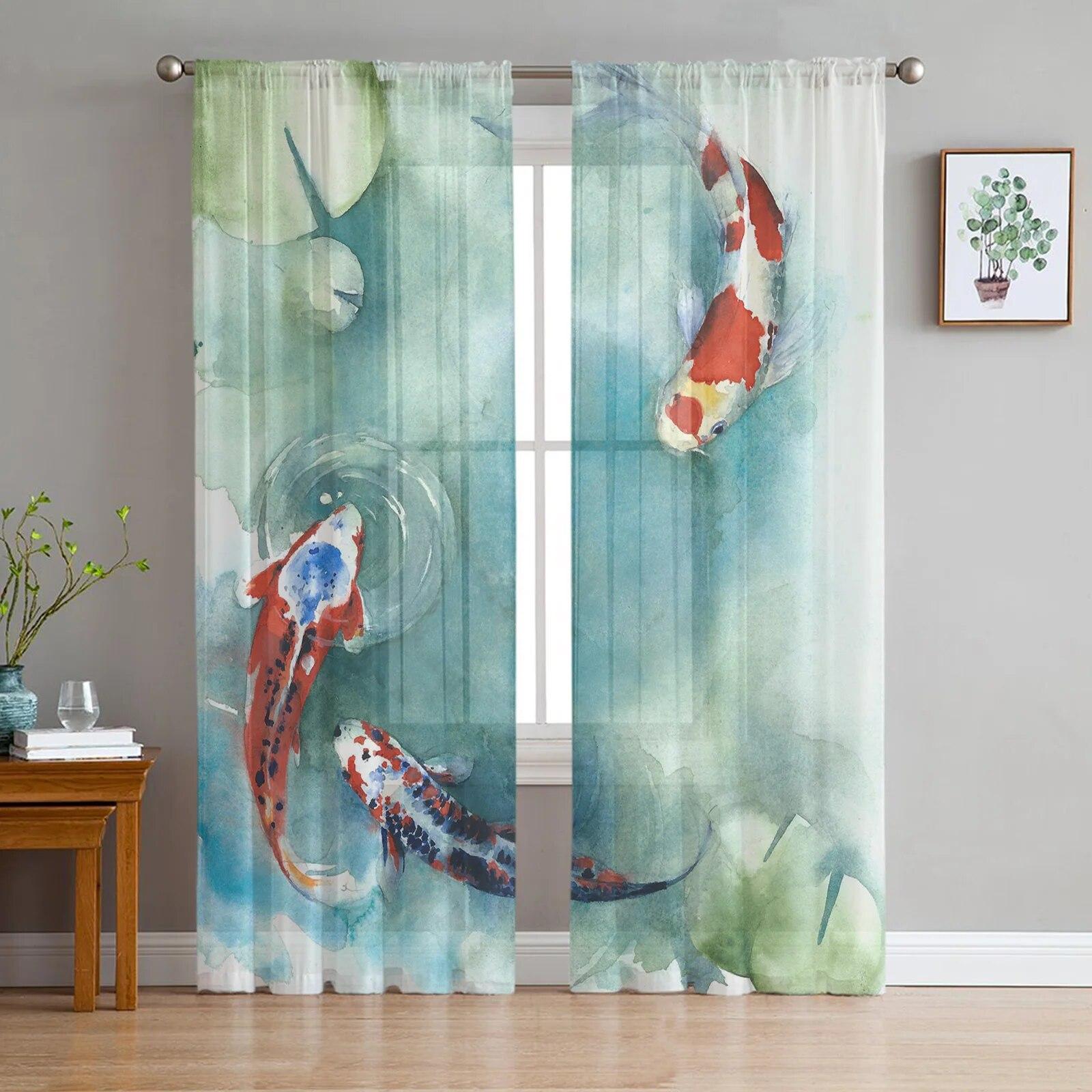 

Карп акварельный пруд Тюлевая занавеска для домашнего офиса Декор окна Спальня Кухня Балкон Современная прозрачная занавеска 135W x 114H(cm)