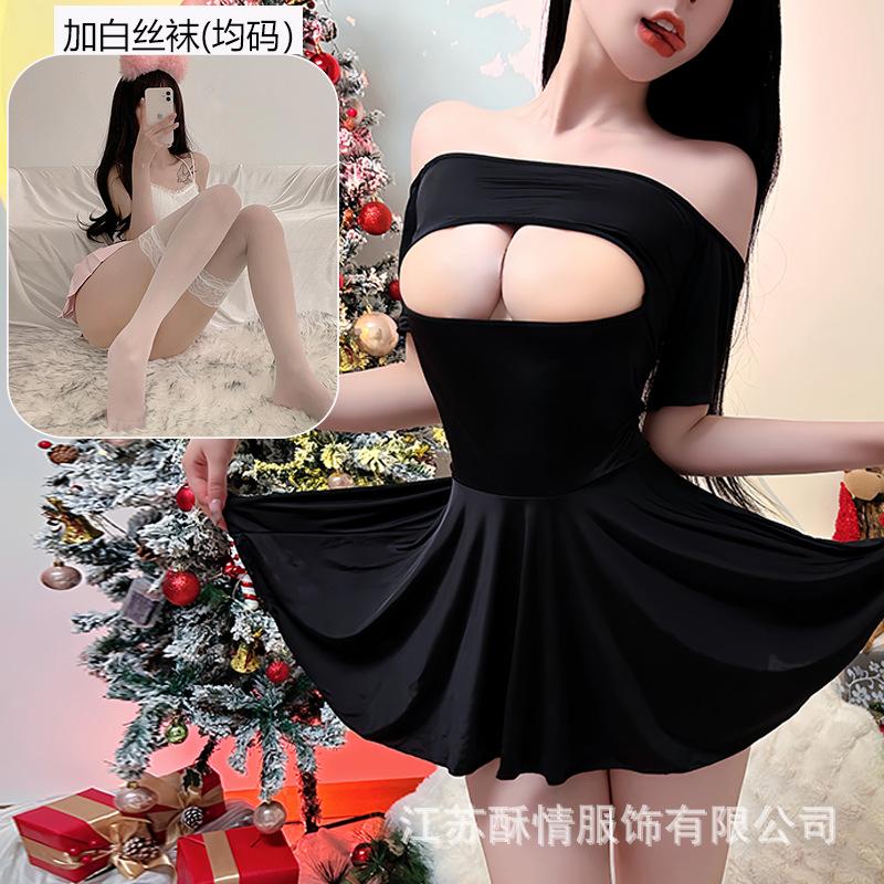 Sexy Lingerie Sexy Hollow Uniform Temptation Free One-word Shoulder Nightgown Hot Pure Desire Suit