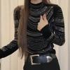 De Rong Women's High-Class Autumn Winter Half-High Collar Long Sleeve T-Shirt with Hot Drilling