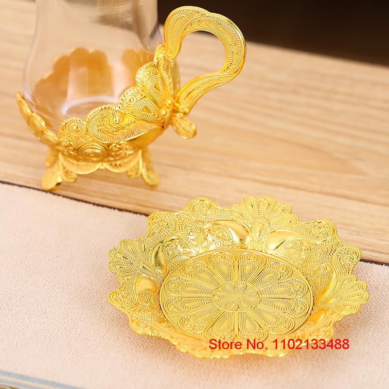 Luxury Gold Coffee Cup And Saucer Set Royal Court Exclusive Glasware Middle East Arabic Black Tea Glass & Dish Set Mug Plate Set